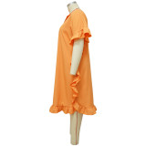Plus Size Dress Women's Fashion Loose V-Neck Solid Color Ruffle Casual Dress Short Women Dress