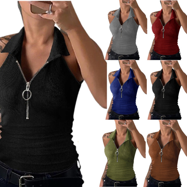 Women Summer Solid Ribbed Turndown Collar Zip Tank Top T-Shirt