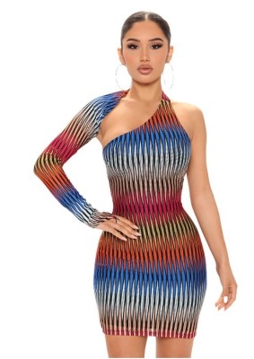 Women Sexy One Shoulder Long Sleeve Striped Cut Out Bodycon Dress