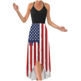 Women'S American Flag Print Cross Straps Casual Irregular Maxi Dress