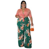 Women'S Plus Size Solid Color Tie Top Floral Print Loose Pants Two Piece Set