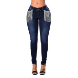 Women Fashion Sequin Fringe Jeans