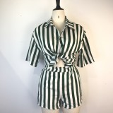 Women's Sexy Fashion Shorts Suit Button Stripe Shirt Two Piece Summer
