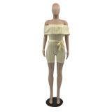 Women's Solid Striped Print Ruffle Shoulder Waist Jumpsuit