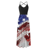 Women'S American Flag Print Cross Straps Casual Irregular Maxi Dress