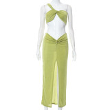 Women summer solid color sexy irregular one-shoulder wrap chest crop top + split dress two-piece set
