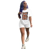 Women summer Letter printing Round Neck Short-sleeved Top+Shorts two-piece set