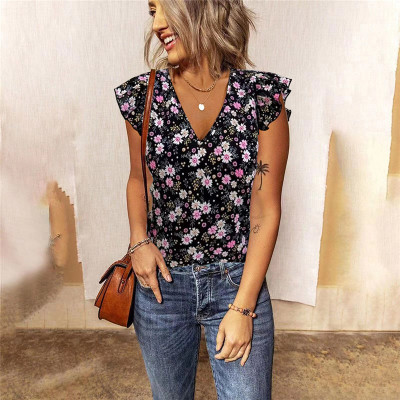 summer Women loose Floral V-neck Ruffle Sleeve Top