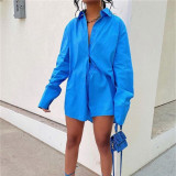 Spring/Summer Two Piece Solid Color Single Breasted Long Sleeve Turndown Collar Shirt Shorts Loose Fashion Casual Two Piece Set