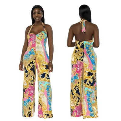 Women's Summer Sleeveless Casual Print Halter Jumpsuit