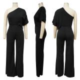 Women's Solid One Shoulder Casual Low Back Short Sleeve Jumpsuit