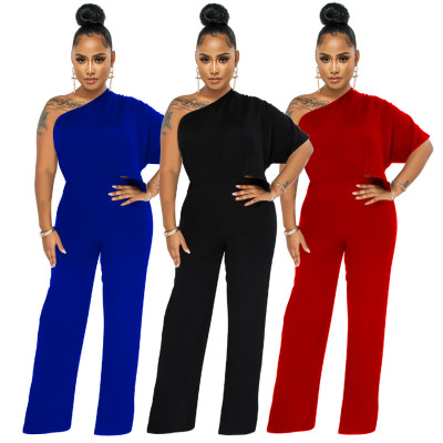 Women's Solid One Shoulder Casual Low Back Short Sleeve Jumpsuit