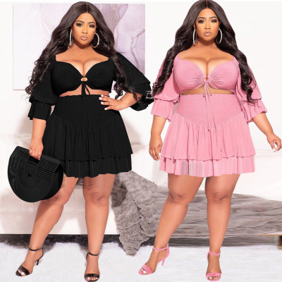 Fashion Plus Size Women's Off-Shoulder Cropped Lace-Up Top and Ruffled Layered Hem Skirt Two Piece Set