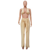 Women's Summer Sexy Solid Color Halter Neck Slit Two Piece Pants Set