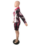 Women's Fashion Sexy Positioning Print Single Breasted Long Sleeve Shirt + Shorts Set