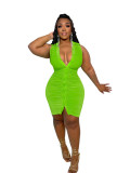Plus Size Women's Sexy Solid V-neck Sleeveless Ruched Breasted Slim Dress