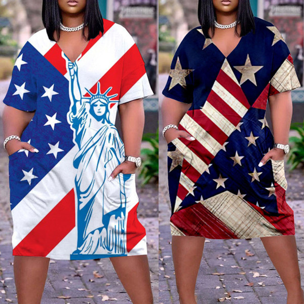 Women's Short Sleeve V-Neck American Flag Print Casual Dress