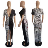 Women's Positioning Leopard Print Colorblock Slit Fashion Sexy Dress
