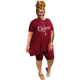 Women's Fashion Plus Size Queen Beaded Casual Tshirt Shorts Two Piece Set