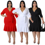 Plus Size Women Fashion Solid Color Sexy V Neck Tie Bodycon Ruffle Wrap Dress