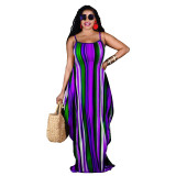 Women's Summer Loose Striped Maxi Dress Strap Beach Dress with Pockets