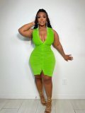 Plus Size Women's Sexy Solid V-neck Sleeveless Ruched Breasted Slim Dress