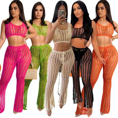 Women's Hollow Out See-Through Two-Piece Beach Style Mesh Sexy Fashion Two Piece Pants Set