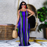 Women's Summer Loose Striped Maxi Dress Strap Beach Dress with Pockets