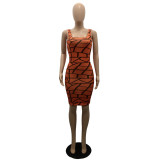 Women Summer Sleeveless Irregular Geometric Print Square Neck Slit Dress