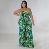 Print Strapless Belted Backless Plus Size Jumpsuit