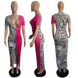 Women's Positioning Leopard Print Colorblock Slit Fashion Sexy Dress