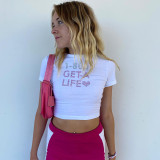 Summer Women's Street Hipster Round Neck Pullover Short Sleeve T-Shirt Letter Beaded Basics Slim Fit Top
