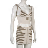 Summer Women's Cutout Patchwork Contrast Lace-Up Vest Skirt Two-Piece Set
