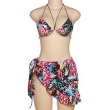 Summer Women's Printed Lace-Up Sexy Thong Bikini Set