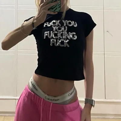 Summer Letter Sequin Short Sleeve Top Slim Fit Cropped T-Shirt