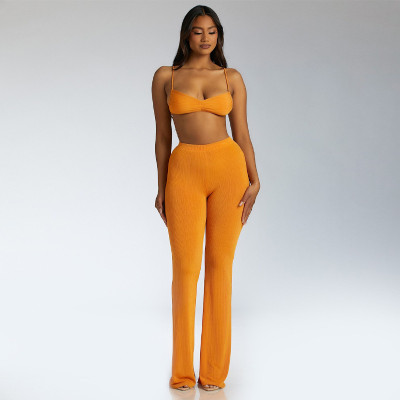 Women's Summer Bandeau Top and Pants Two Piece Solid Color Fashion Suit