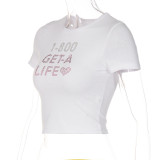 Summer Women's Street Hipster Round Neck Pullover Short Sleeve T-Shirt Letter Beaded Basics Slim Fit Top