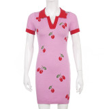 American Women Cute Girly Cherry Basics Turndown Collar Slim Short Sleeve woolen Dress