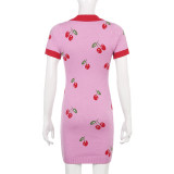 American Women Cute Girly Cherry Basics Turndown Collar Slim Short Sleeve woolen Dress