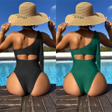 Feminine One Shoulder Solid Color Swimwear