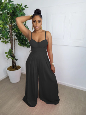 Fashion Sexy Solid Color Sling Wide Leg Jumpsuit With Belt