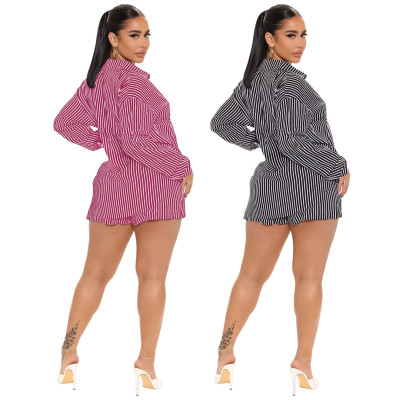 Women Fashion Loose Striped Shirt + Pocket Shorts Two Piece Set
