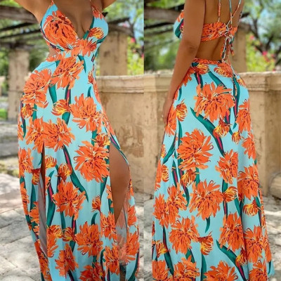 Summer Print Sling Sexy Backless Slit Dress
