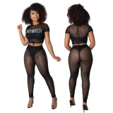 Women See-Through Sexy Mesh Top Letter Print + Pant Two-Piece Set
