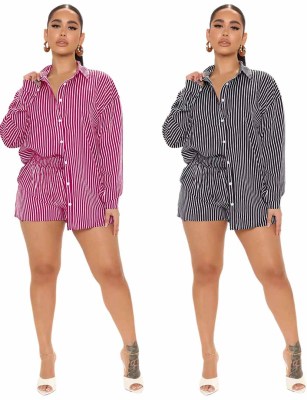 Women Fashion Loose Striped Shirt + Pocket Shorts Two Piece Set