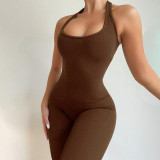 Women Solid Color Sexy Backless Halter Neck Jumpsuit