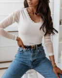 Women basic lace long sleeve rib top