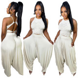 Women summer pleated suspenders crop top + loose Pant two-piece set