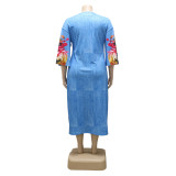 PlusSize Summer Ethnic Print RoundNeck Loose Half Sleeve Long Dress