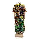 PlusSize Summer Women Tie Leaf Leopard Print Maxi Dress